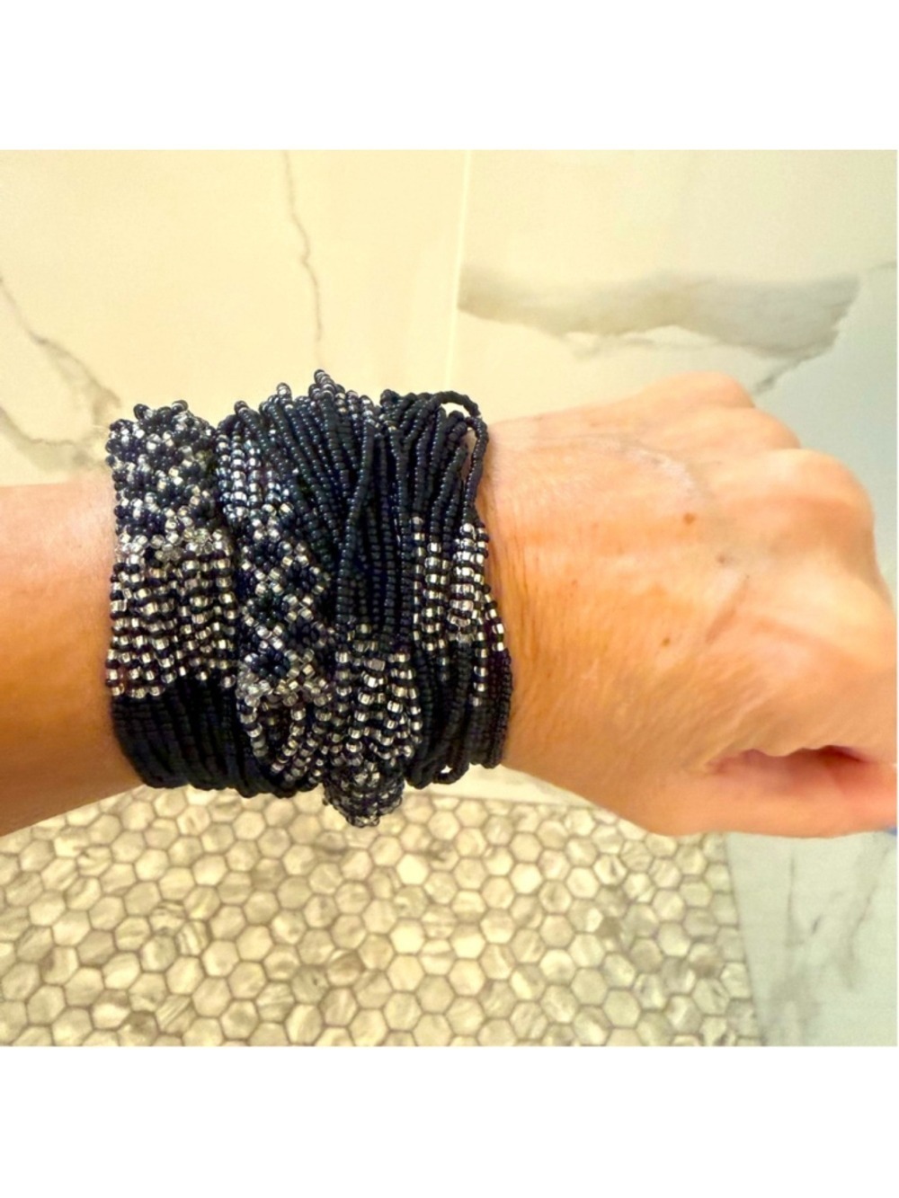 Glass seed beads Black and White Beaded Necklace 32” length 16 strands. - Picture 3 of 9